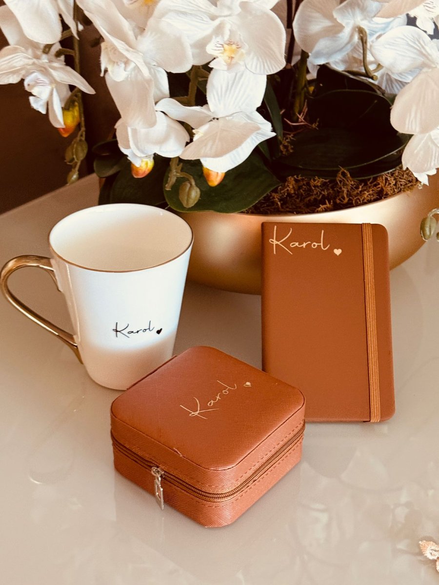 Kit Caneca Cônica+porta Joias+bloco de Anotações