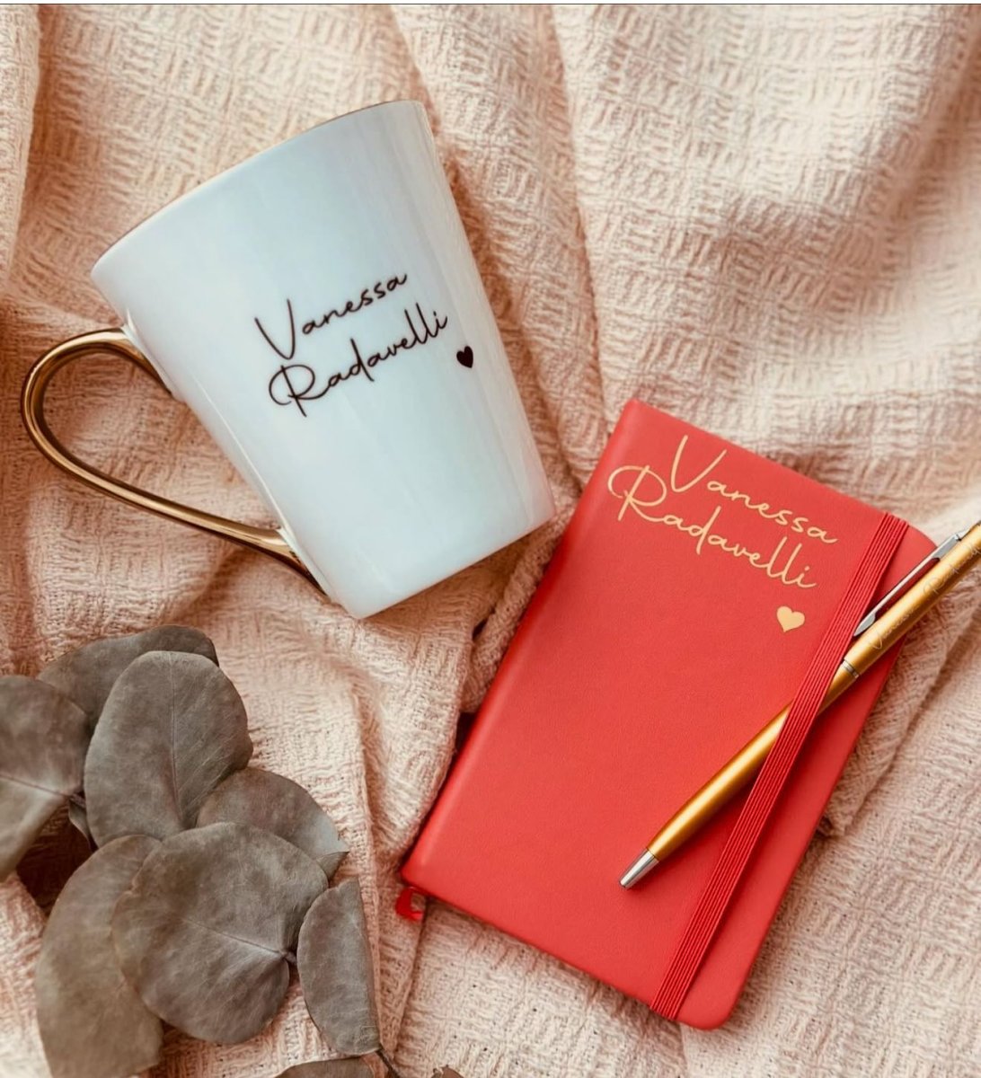 kit bloquinho + caneta + caneca dourada