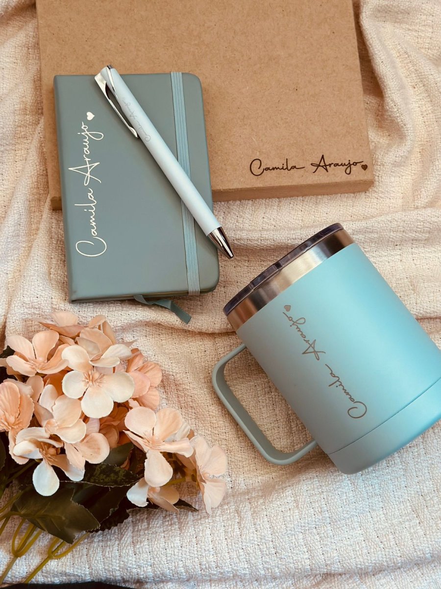 kit copo térmico + bloquinho + caneta