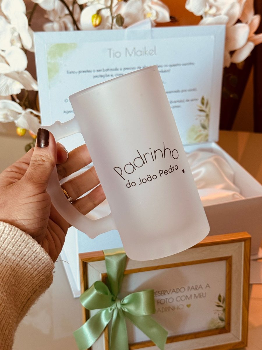 kit convite com porta retrato + copo de chopp 