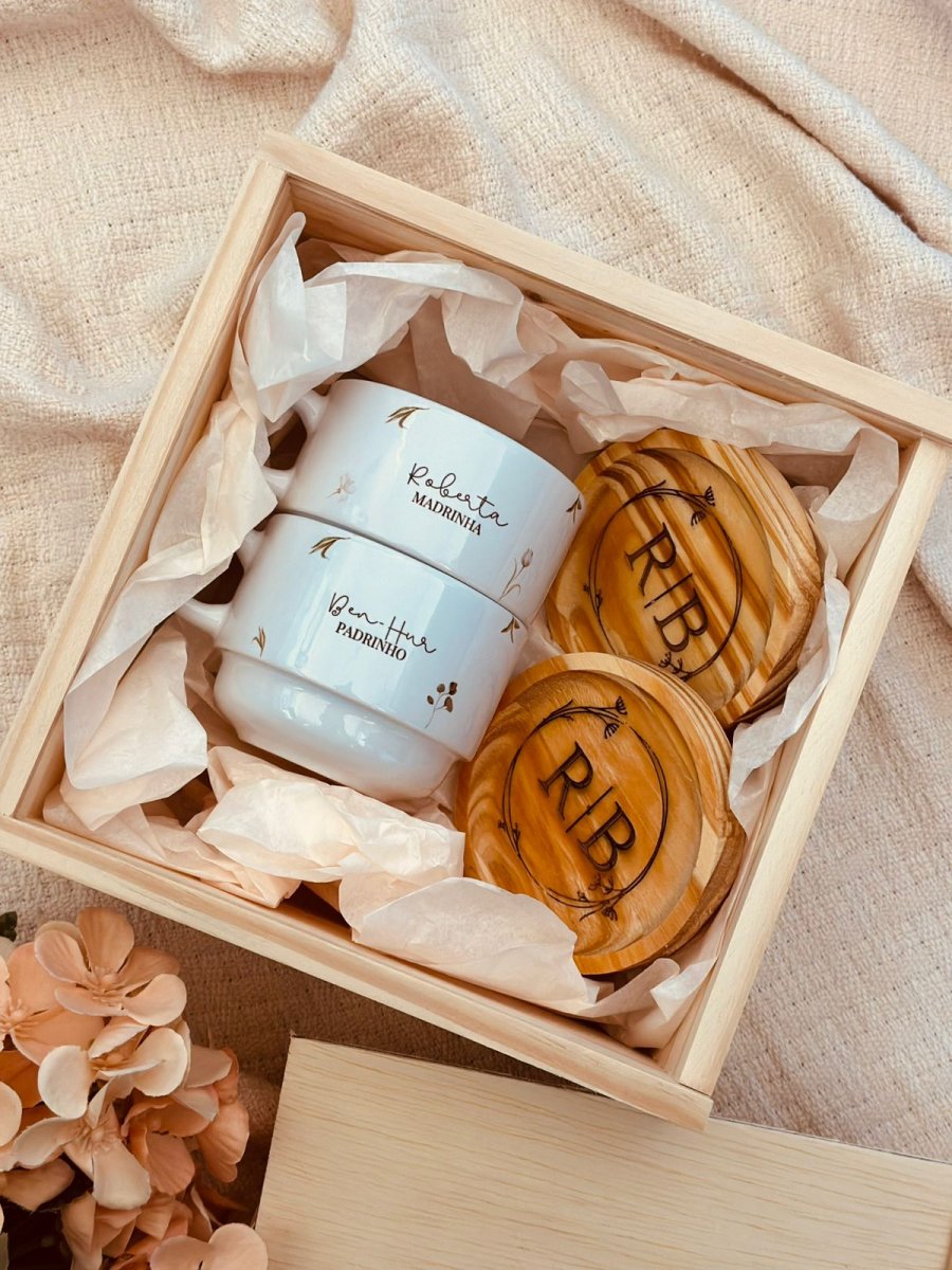 Kit 2 Xícaras + Pires de Madeira 