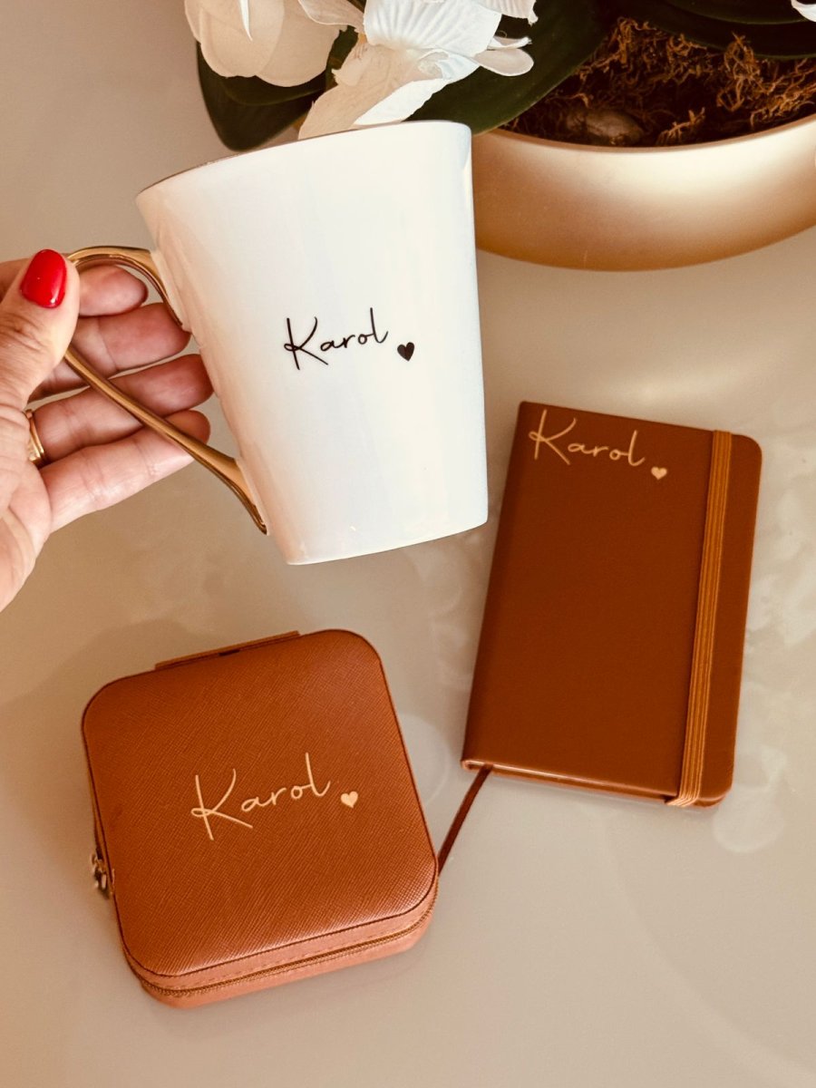 Kit Caneca Cônica+porta Joias+bloco de Anotações